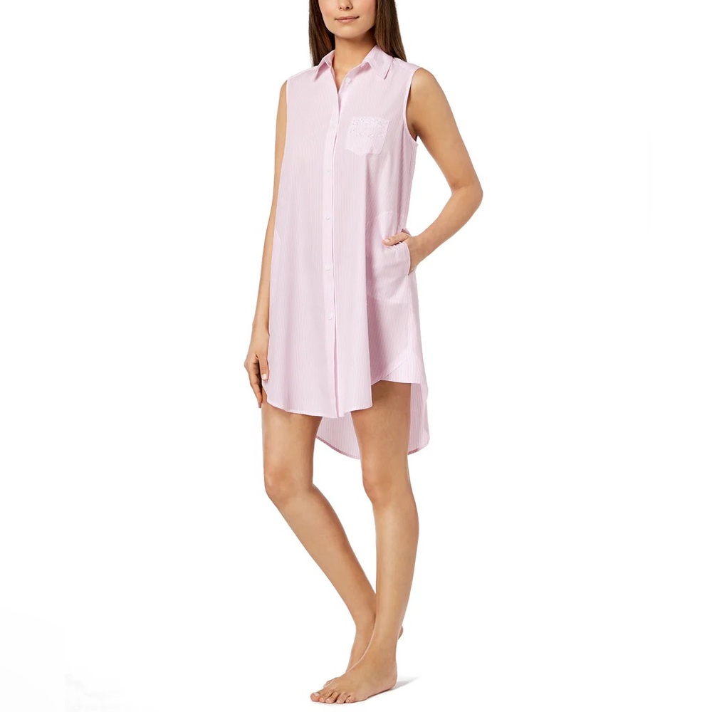 Miss Elaine Striped High-Low Nightgown - Pink M